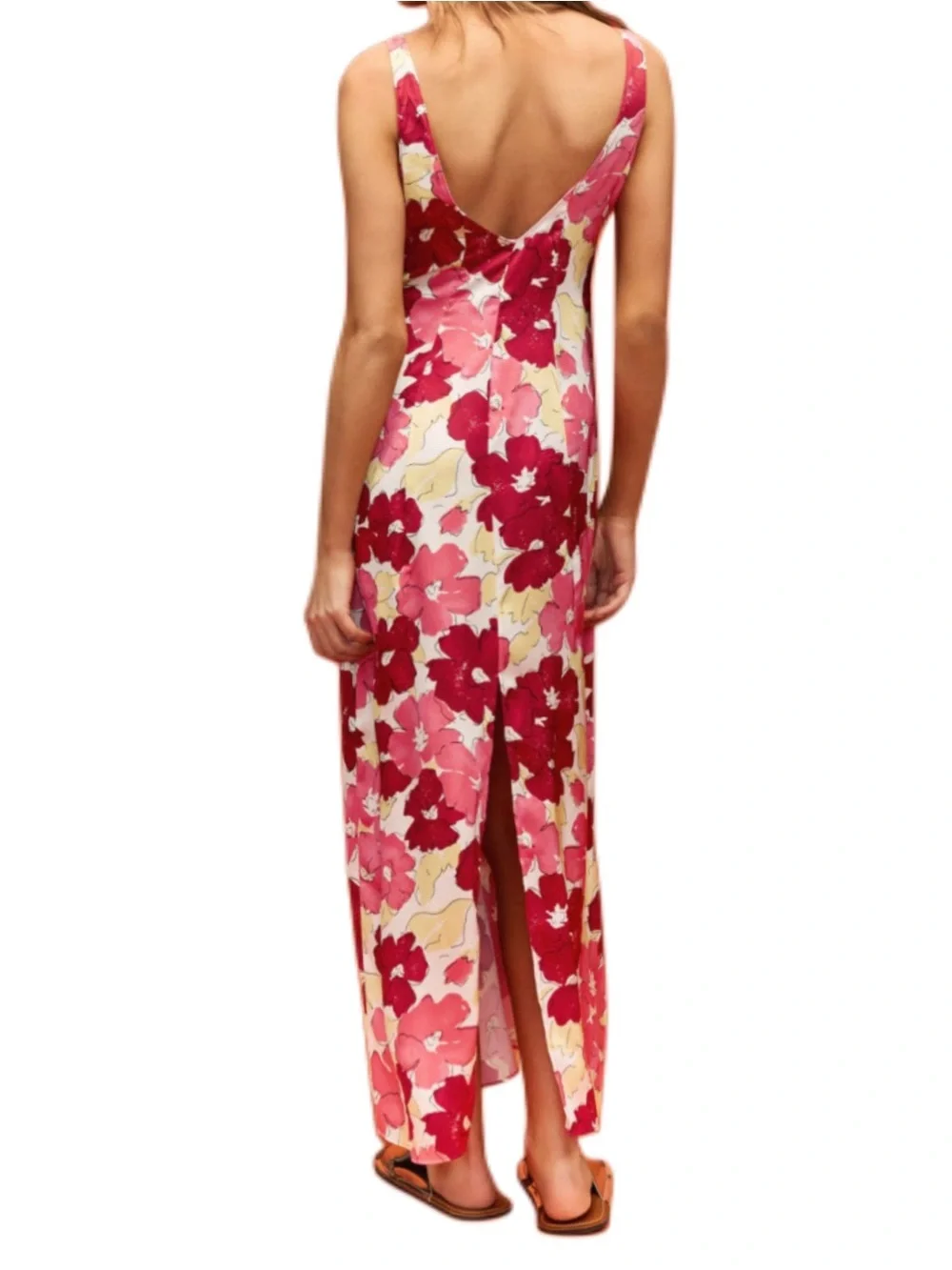 Plan C x RTR  pink, red & cream floral silky satin slip maxi dress size 0